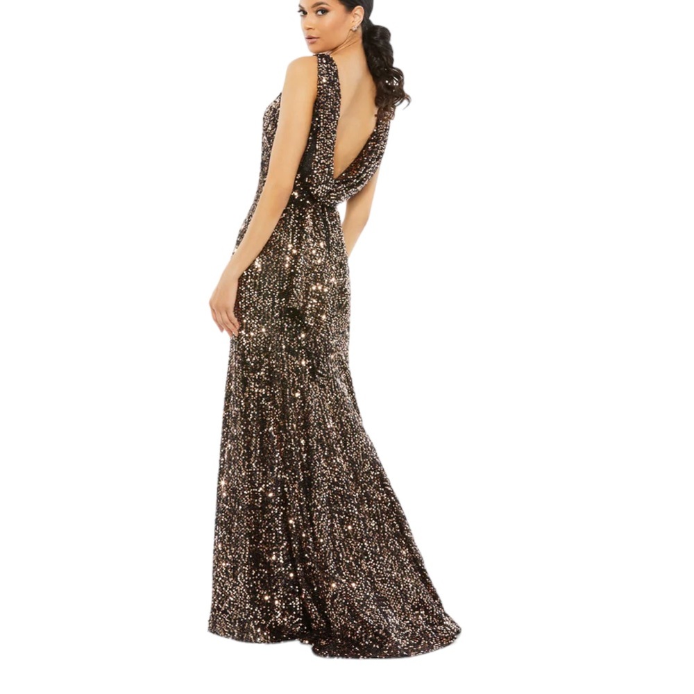 Mac Duggal Bronze Sequin Drape Back Trumpet Gown size 8